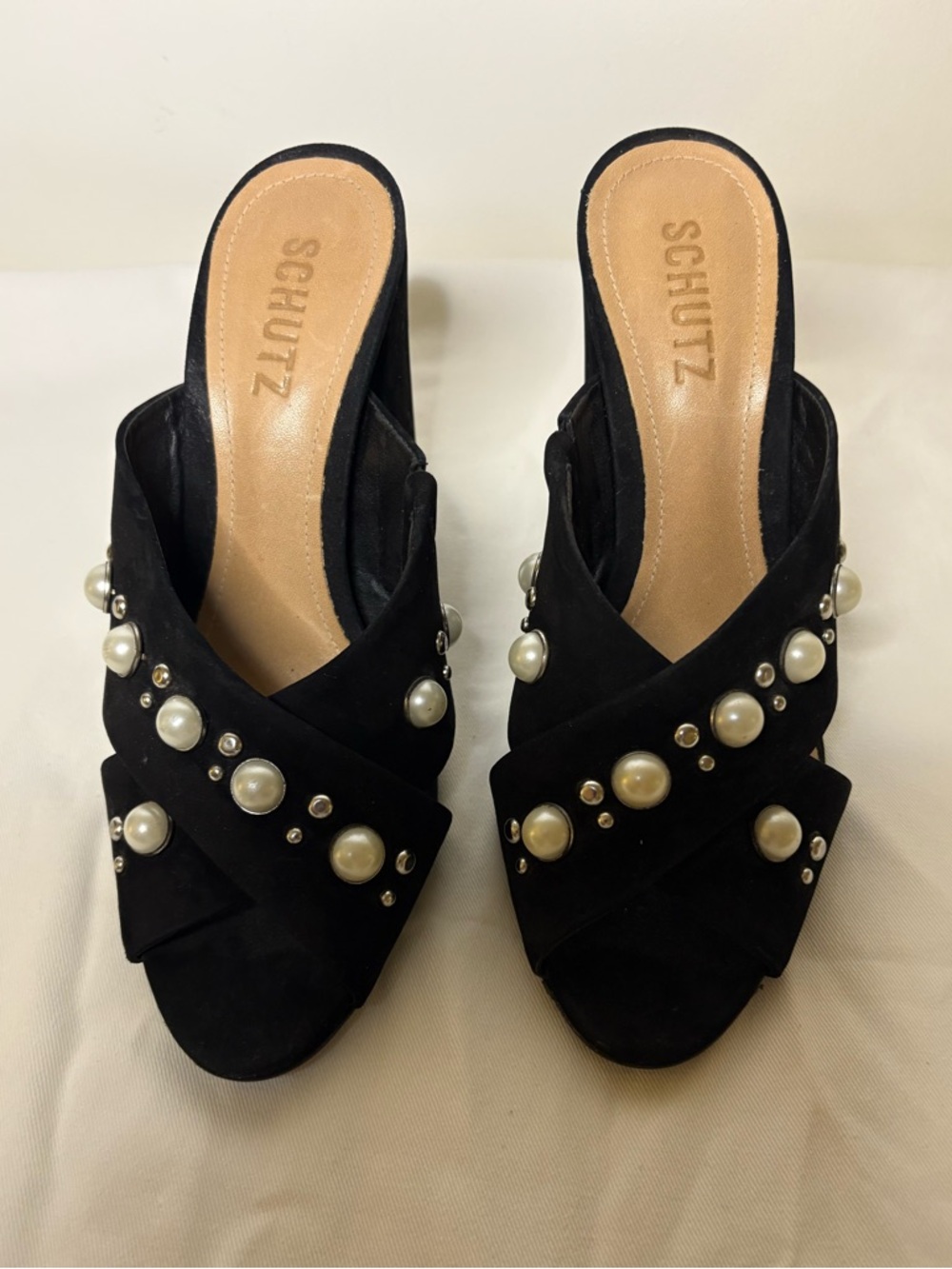 SCHUTZ Black Suede Pearl Mules
